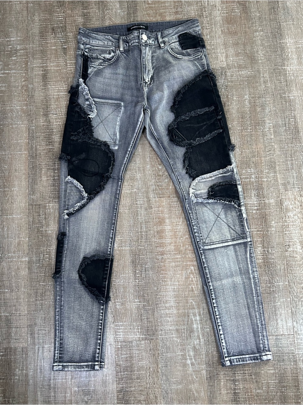 Men's Washed Gray Patchwork Straight Leg Jeans